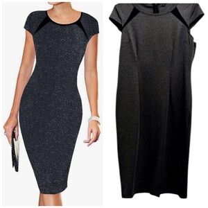 NWOT L Charcoal/Black Cap Sleeve Pencil Dress - Stretchy Fitted Office Cocktail